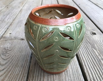 Ceramic Candle Lantern, Green Luminary