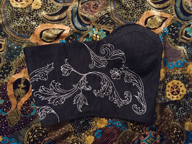 Eden Hand embroidered black denim bustier size S vintage look.