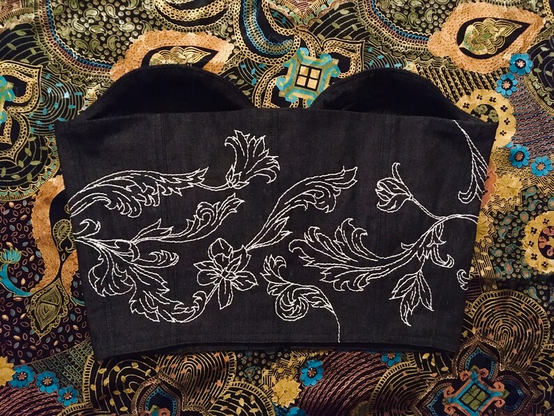 Eden Hand embroidered black denim bustier size S vintage look.