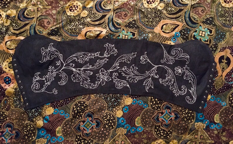 Eden Hand embroidered black denim bustier size S vintage look.