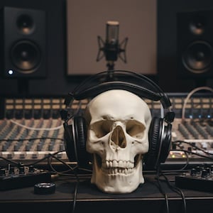 May include: A human skull wearing black headphones, positioned in a recording studio setting. The skull sits on a dark surface with audio equipment, including a mixing console, speakers, and a microphone. The background is dark.