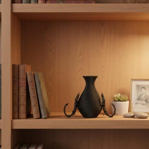 May include: A black decorative vase with scorpion-like handles sits on a wooden shelf. The vase has a textured surface and is flanked by a small potted plant, a framed photograph, and a few decorative stones. Books and a small clock are also visible.