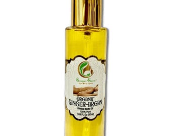 Ginger-Argan Divine Body Oil- Organic Blend- 100% PURE , Therapeutic-Grade, 1.69 FL Oz/50 ml- Glass bottle w/ gold cosmetic treatment pump