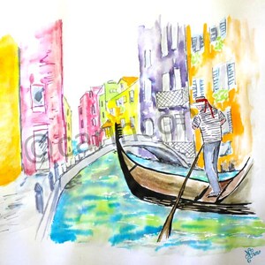 Op de afbeelding: Aquarel schilderij van een Venetiaanse kanaalscène. Een gondel met een gondelier in een gestreept shirt en rode hoofddoek navigeert door het turquoise water. Kleurrijke gebouwen staan langs het kanaal, met een brug op de achtergrond.