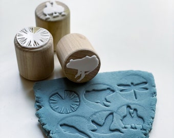 Pond playdough stamps, wood playdoh stamp, frog playdoh stamps, wooden playdough toy, playdough stampers, wood playdough tools, wood stamps