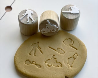 Lawn tool playdough stamps, wood playdoh stamp, lawn tractor playdoh stamps, wooden playdough toy, playdough stampers, stamps for playdough