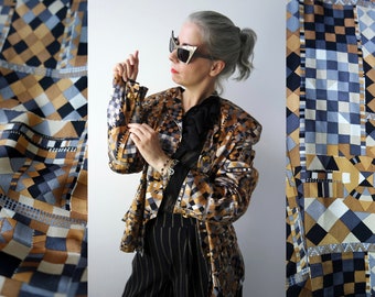 Jaqueta blazer vintage de seda HERO PARIS de designer com padrão geométrico e abstrato