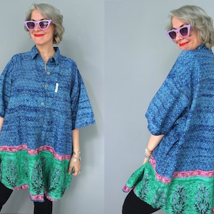 Vintage Bemaltes Block Bedrucktes Unisex Baumwolle Sommer Shirt / Venezia / Größe XL / XXL