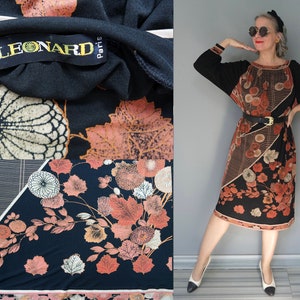 Vintage LEONARD Paris Black Floral and Stripes Print 100 % Silk Dress Size M