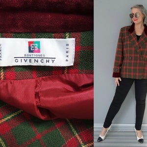 May include: A vintage Givenchy plaid blazer in green, red, and yellow. The double-breasted jacket has a burgundy velvet collar and cuffs. The label reads "Made in France" and "Boutiques Givenchy Paris."
