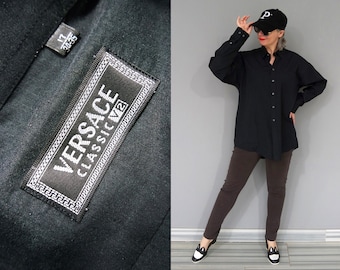 Vintage Versace Classic V2 Black Designer Unisex Oxford Long Sleeve Shirt Size L with signed buttons
