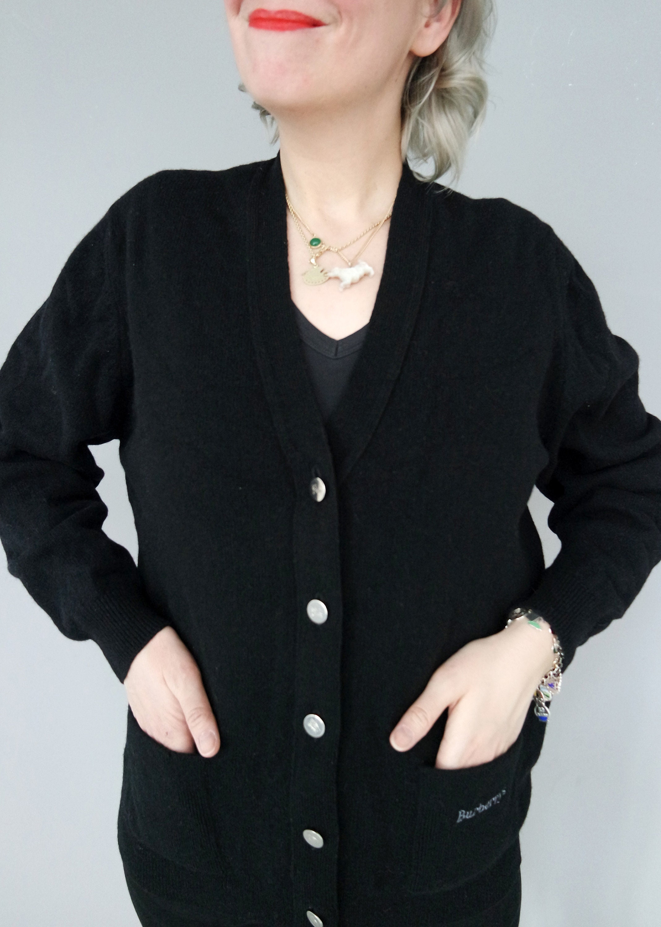 Vintage Burberrys Cardigan Sweater Black Pure Lambswool Made