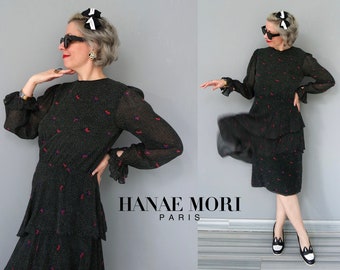Vintage Hanae Mori Silk Romantic Butterfly Polka Dot Midi Dress with Ruffle Skirt in Excellent Condition / Size Small or Medium