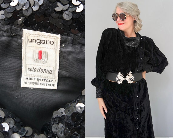 Emanuel Ungaro Black Velvet Vintage Sequined Even… - image 1