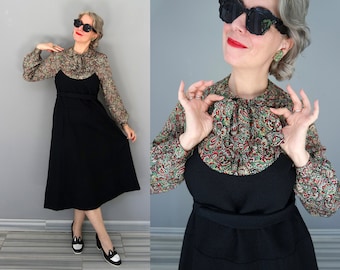 Äkta vintage handgjord William Morris / Liberty London-stil teklänning M / L storlek med originalbälte / 1940-1950-tal