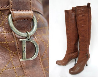 Christian Dior vintage Cannage Pattern Cuir Lacet-up Knee Boots Taille 37