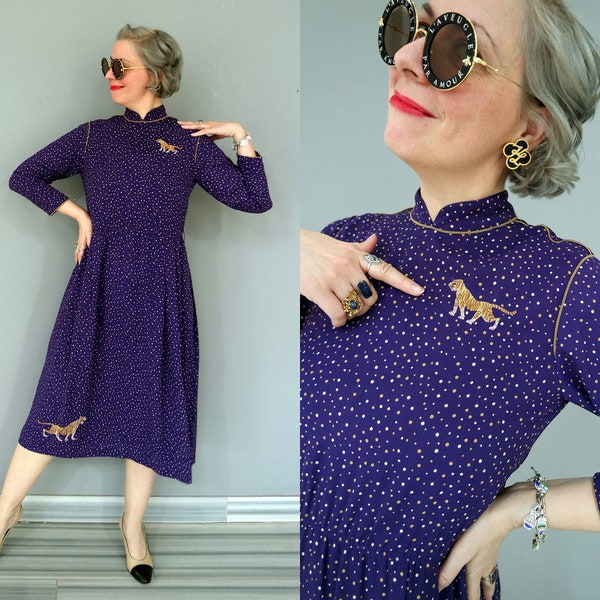 Robe midi vintage violette à pois et tigre du Japon Taille S / M