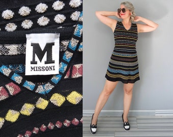 Vintage Missoni Iconic Knitted Sleeveless V- Neck Mini Dress / Tight Fitted / Metallic / Size XS / S / M