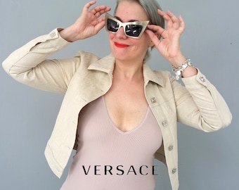 Vintage Versace klassiek beige ontwerper jacquard stof bijgesneden jas maat XS / S