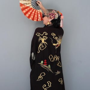 Vintage Japanese Kimono / Black Silk Gold Dragon Embroidery / Luxury Silk Robe / Collectible Kimono Jacket / Evening Coat / Made in Japan