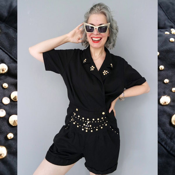 80s Cotton Jumpsuit Playsuit Romper Black Medium Small Short Sleeve Wide Leg with Crystals and Strass