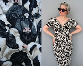 Retro Novelty Cow Print Midi Secretary Pencil Skirt Mad Men Style Dress Size S / M / English Tea Dress