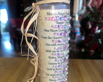 Sugar Daddy, Money Angel Spell, Full Moon Anointed Large 8" Ritual Candle w Crystals