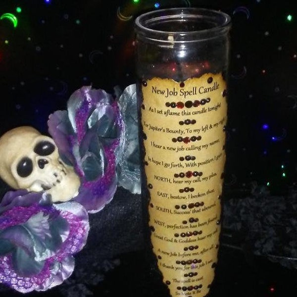 New Job Spell Candle w Crystals/Rhinestones Full Moon Anointed Just For You, Witch City, USA