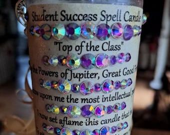 Student Success Spell Candle, Full Moon Anointed Large 8" Ritual Candle w Crystals
