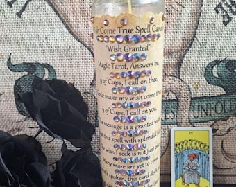 Wish Granted Spell, 9 of Cups, Full Moon Anointed Large 8" Ritual Candle w Crystals