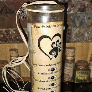 PET MEMORIAL-Paw Prints on My Heart, Large 8&quot; Candle, Crystal Embellished, Beautiful Memorial for your Paw Baby