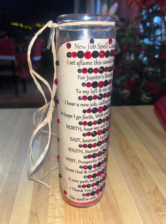 New Job Spell Candle, Full Moon Anointed Large 8" Ritual Candle w Crystals
