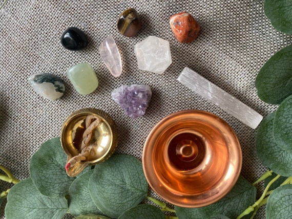 Crystal altar set with brass oil burner, rose rope incense, and starter crystal set:selenite, amethyst, quartz mini intro baby witch kit