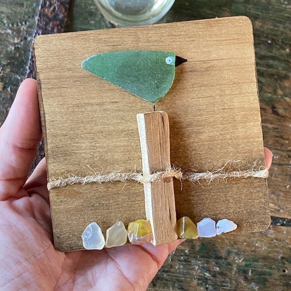 DIY Sea glass Shore Birds wall or shelf sitter art you make with all materials included complete art kit w/ paint and brushes, glass, & wood