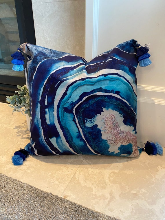 20x20 velvet touch original agate watercolor art throw pillows case with hand-sewn 2.5 inch tricolor tassels in blues and white