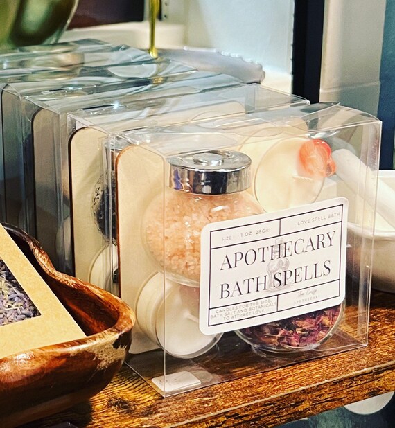 DIY apothecary bath spells with ritual bath salts, bath botanicals, and crystal & keepsake charm topped tea lights