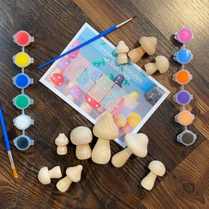 14pc paint your own DIY wooden Cottagecore mushrooms with 12 paints, 2 brushes and 10 assorted wooden mushrooms