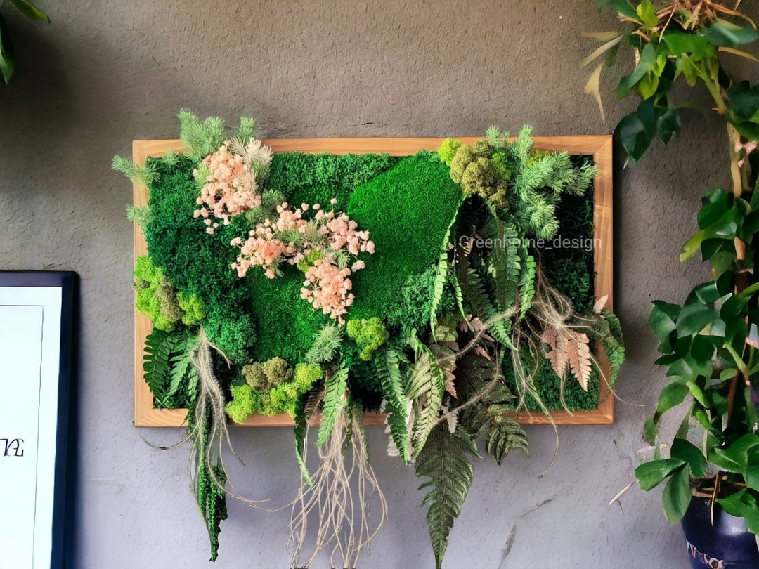 Wall Moss Art, Wooden Decor, Vertical Garden, Preserved Moss, Living