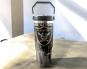 NEW! 30oz Laser Engraved Raider Nation Tumbler with lid, straw folds in