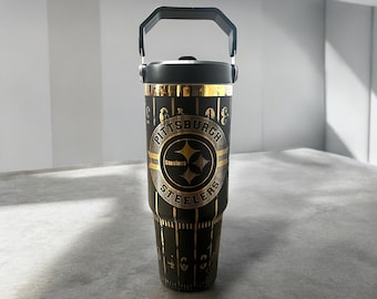 NEW! 30oz Laser Engraved Steelers Tumbler with lid, straw folds in