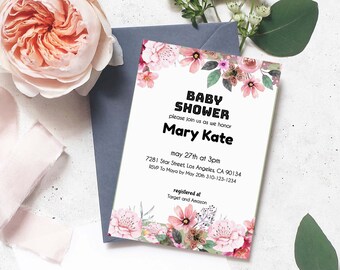 Floral Editable Baby Shower Invite Corjl | WATERCOLOR Floral Baby Shower Invitation| Baby Shower Editable Invite,Invitation Template Corjl