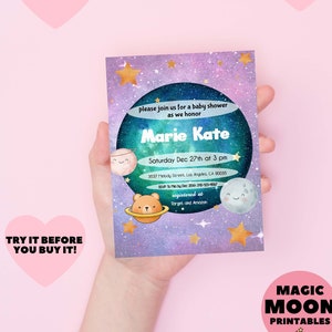 May include: A printable baby shower invitation with a space theme. The invitation features a blue and purple galaxy background with stars and planets. The text on the invitation reads "Please join us for a baby shower as we honor Marie Kate. Saturday Dec 27th at 3 pm. 3537 Melody Street, Los Angeles, CA 90035. RSVP to Mio by Dec 20th 310-123-4567. Registered at Target and Amazon."