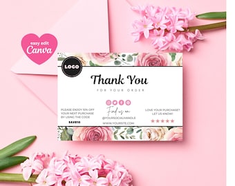 Pink Roses Thank You Card for Small Business: Cute Watercolor Editable Card Template on Etsy Small Business THANK YOU Template, Canva