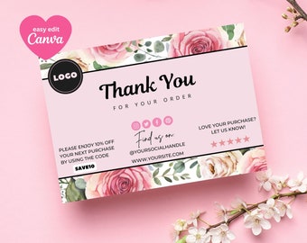 Pink Roses Thank You Card for Small Business: Cute Watercolor Editable Card Template on Etsy Small Business THANK YOU Template, Canva