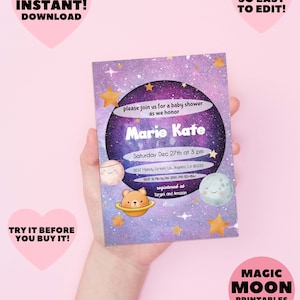 May include: A purple and blue baby shower invitation with stars and planets. The invitation says "Please join us for a baby shower as we honor Marie Kate. Saturday Dec 27th at 3 pm. 3637 Melody Street, Los Angeles, CA 90035. RSVP to Ma by Dec 20th 310-123-4567. Registered at Target and Amazon."