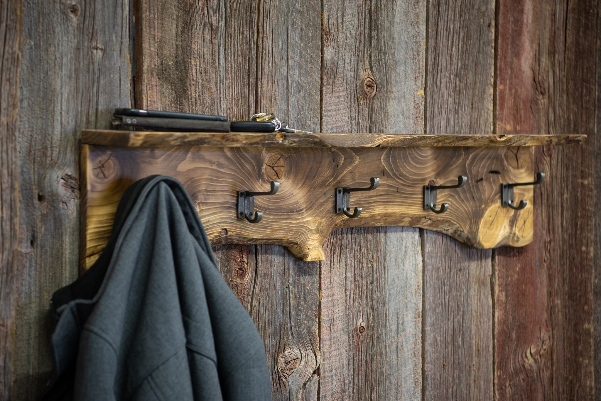 40 live edge five hook rustic coat rack with five Etsy