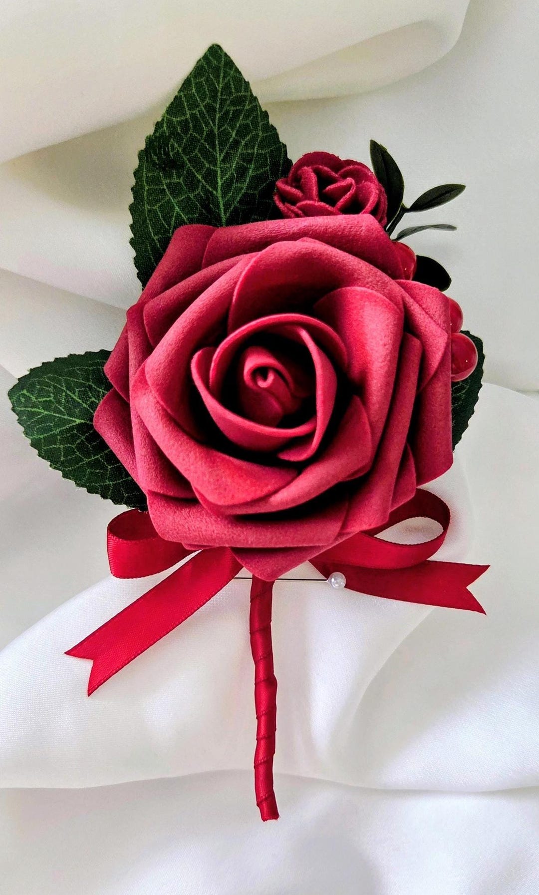 Handmade Red Rose Buttonhole, Berries, Satin Ribbon, Festive, Wedding ...