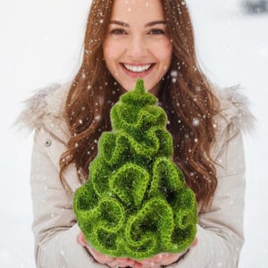 Puede incluir: Una persona sonriente sostiene un árbol de Navidad verde tejido a ganchillo en una escena nevada al aire libre. El árbol es de color verde vibrante y tiene un diseño texturizado y en capas. El fondo presenta una casa cubierta de nieve y copos de nieve.