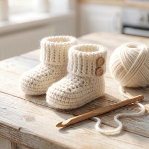 May include: A pair of cream-colored, crocheted baby booties with wooden buttons, sitting on a rustic wooden table. A ball of yarn and a crochet hook are also present, suggesting a handmade craft project.