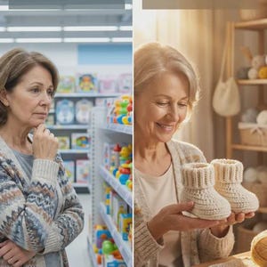 May include: The image is split, showing two women. One is shopping, the other is holding two cream-colored, crocheted baby booties. Text reads: "Searching for the Perfect Gift?" and "Create a Gift from the Heart."
